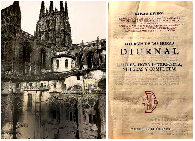 A la izquierda, reloj de sol en la catedral de Burgos. A la derecha, portada de un libro actual para la Liturgia de las Horas. 