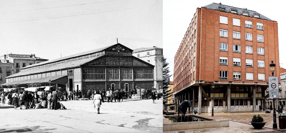 Antiguo Mercado de Abastos: El precioso inmueble decimonónico que remataba la calle Santander fue sustituido en los años 60 por un bloque cuyos bajos ocupan las oficinas municipales de Deportes.  / ARCHIVO MUNICIPAL Y LUIS LÓPEZ ARAICO