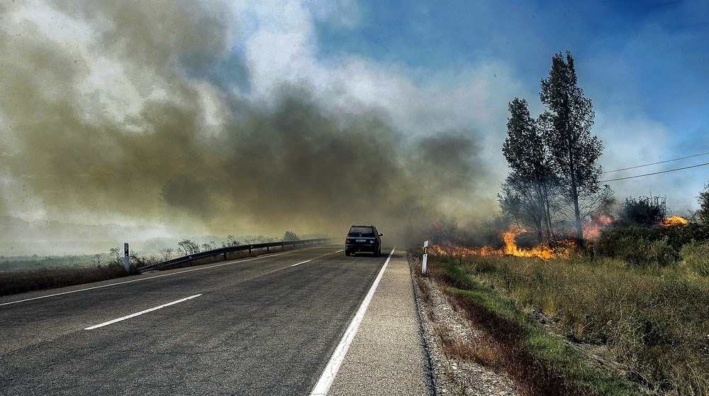 Las llamas se extendieron por los terrenos a la derecha de la carretera de Palencia, en Santa Cecilia, con el humo divisándose por toda la comarca.  / MIGUEL ÁNGEL DE LA CRUZ