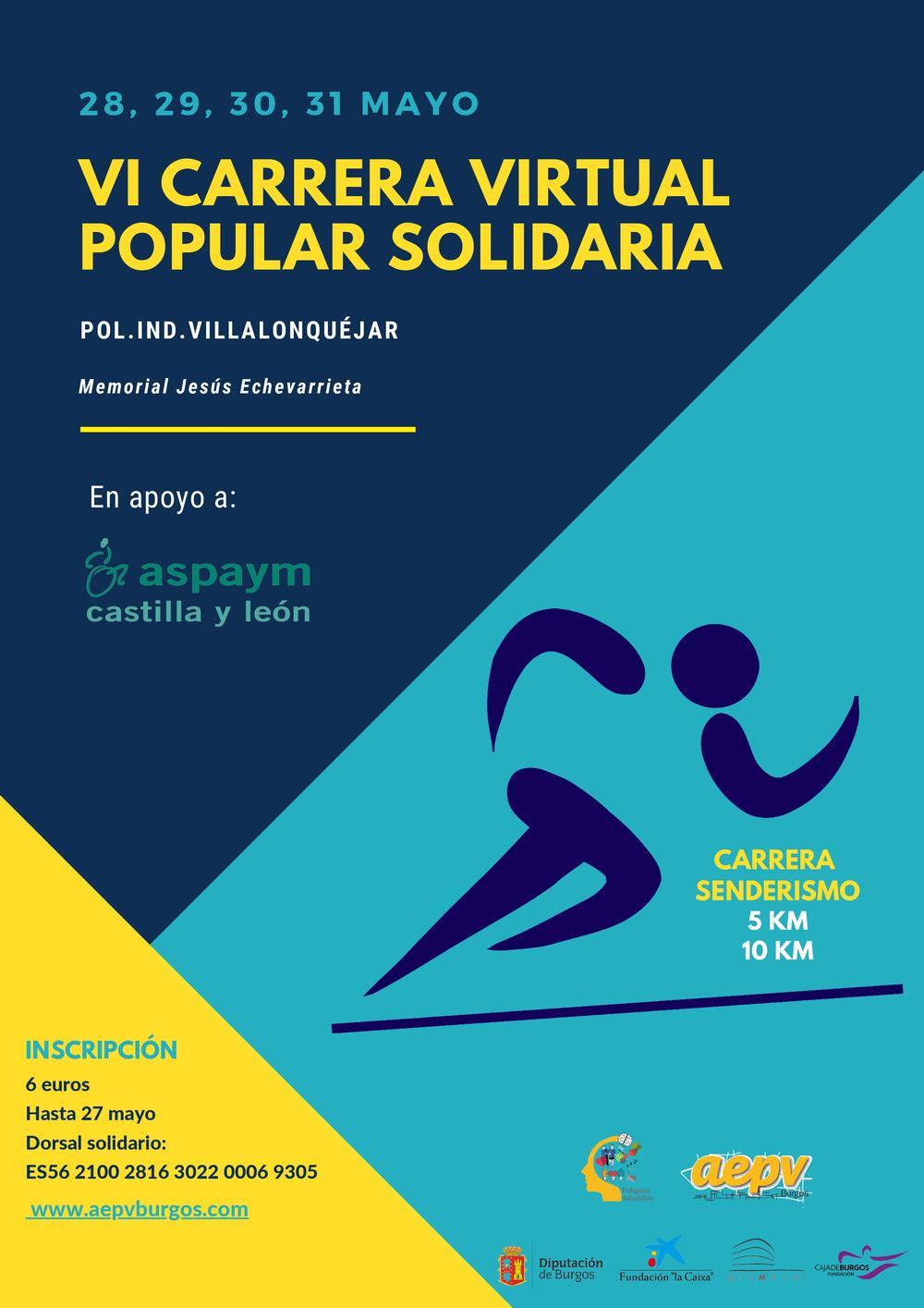 Cartel de la VI carrera popular de Villalonquéjar, que este año será virtual, a favor de Aspaym y en modalidad de carrera o senderismo.