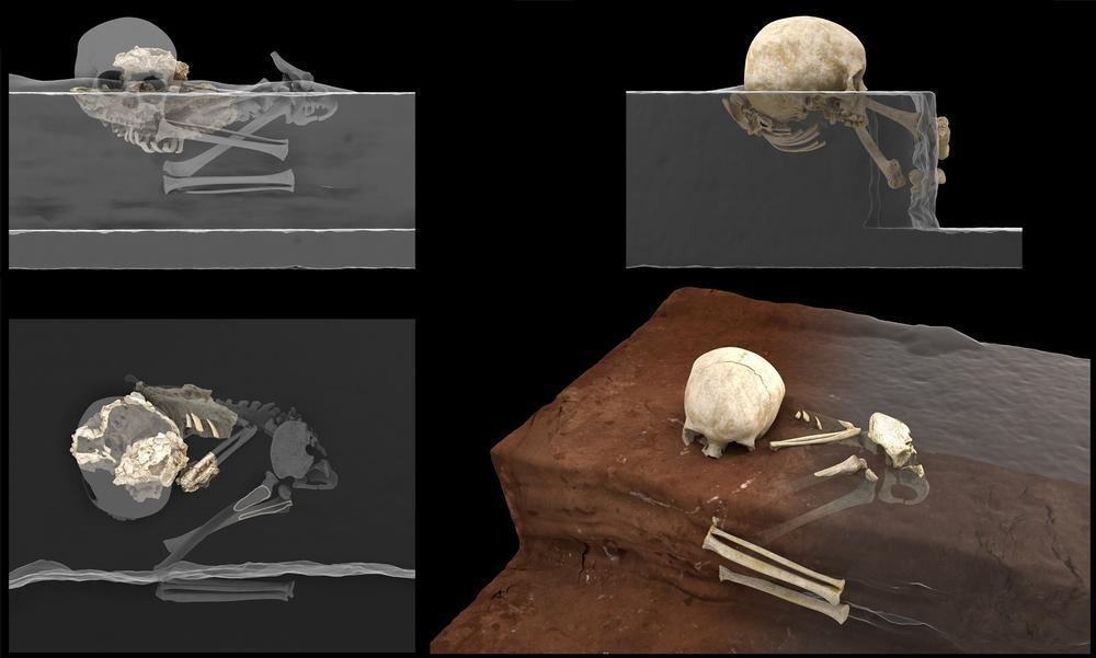 Reconstrucción virtual de los restos del homínido de Panga ya Saidi en la cavidad (izquierda) y la reconstrucción ideal de la posición original del niño en el momento del hallazgo (derecha).