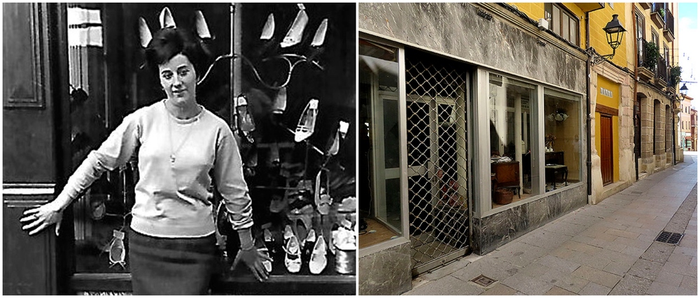 A la i., Consuelo Ruiz, empleada de El Zapato Grande, ante el escaparate en 1966. En la calle Mayor proliferaron las zapaterías. Ahora, en aquel escaparate ubicado entre la plazuela del Carmen y el Arco de la Cadena se exponen muebles antiguos.   / DB Y A.C.