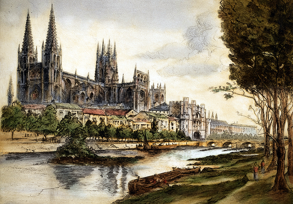 Vista de la catedral con arco y río. Siglo XIX.  / J.R. HUTCHINSON