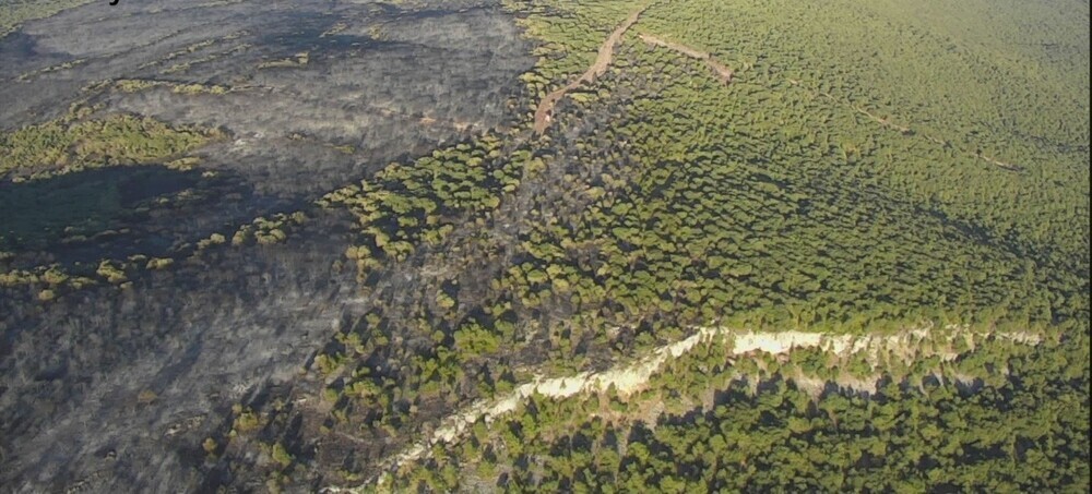 Imagen del incendio forestal de Quintanilla del Coco recogida por el avión de coordinación HOTEL esta misma mañana. 