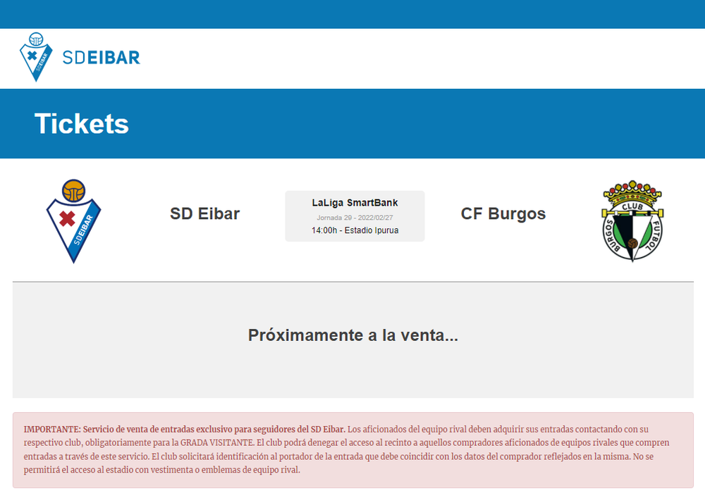 Nota oficial que figura en la página web del Eibar cuando se intenta comprar una entrada online para el partido ante el Burgos.  