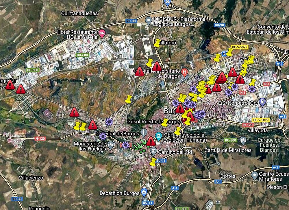 Mapa de Burgos con Bici con los puntos más conflictivos.  / Diario de Burgos
