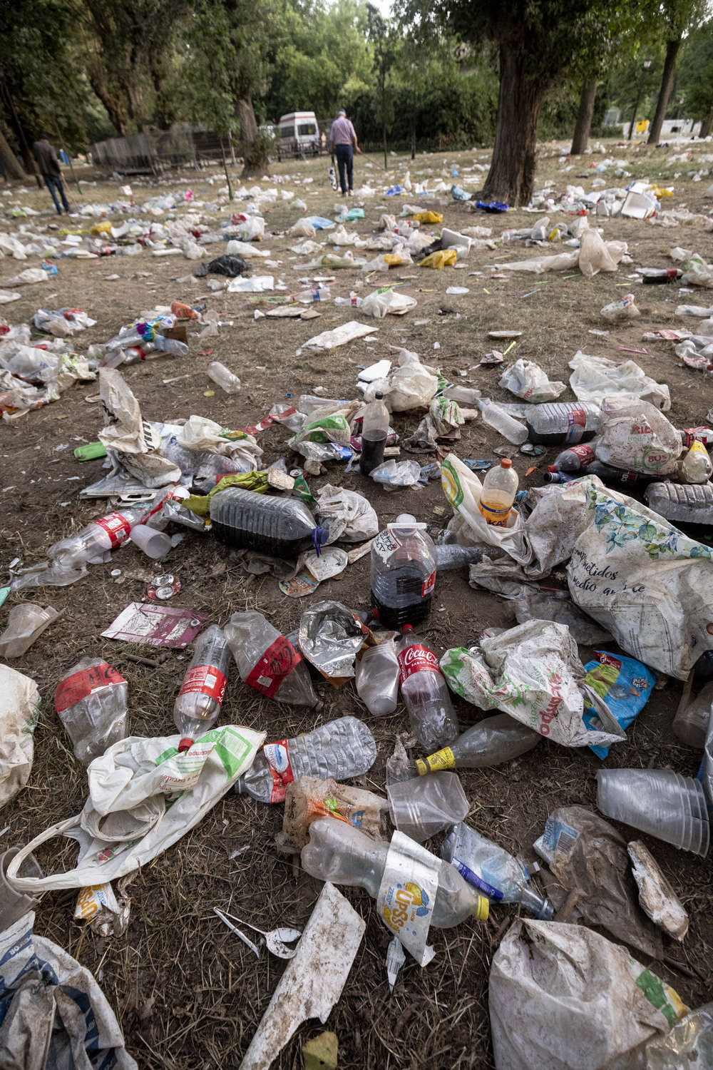 Los servicios de limpieza se afanan en recoger la ingente cantidad de residuos con la que ha amanecido el parque de El Parral. 
